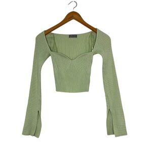 Urban Outfitters Sage Green Cropped Ribbed Knit‎ Sweetheart Neck Top Sz SP Y2K